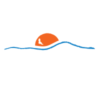 Lake Clear Lodge & Retreat Brandmark showing an L, C, L, and R. The letters surround a blue St. Regis Mountain outline with an orange setting sun with white Eagle outline against the sun.